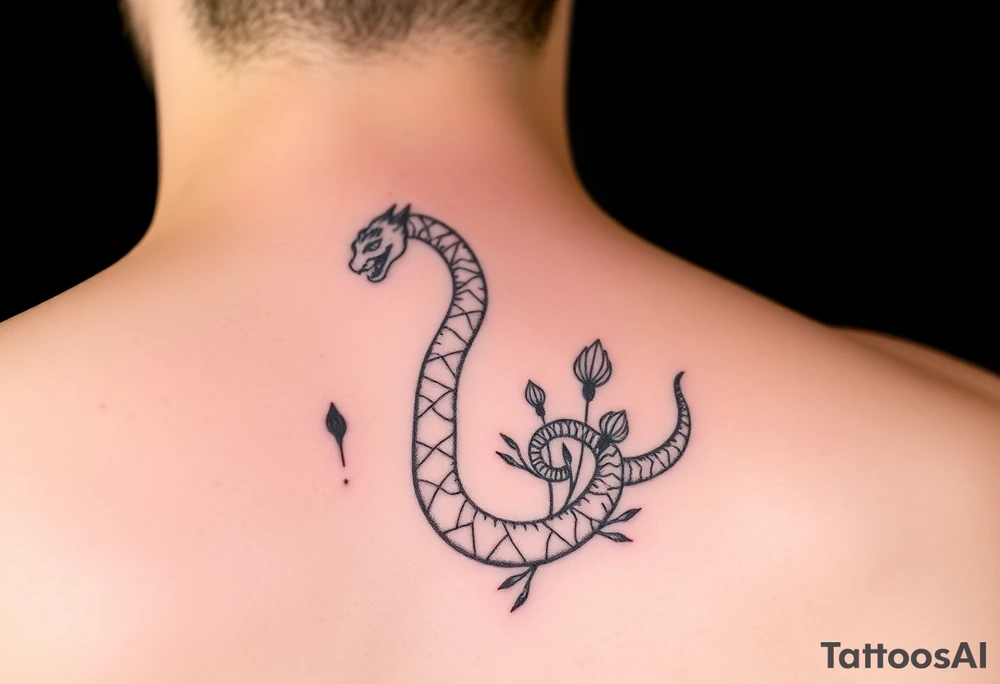 More large mythical creepy serpent near plants tattoo idea