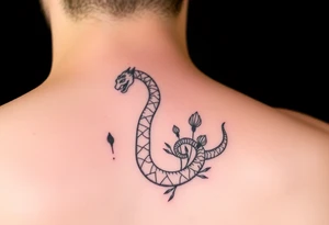 More large mythical creepy serpent near plants tattoo idea