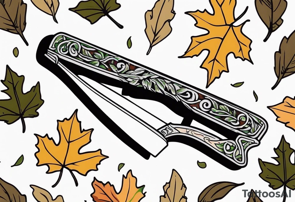a straight razor lies on oak leaves tattoo idea