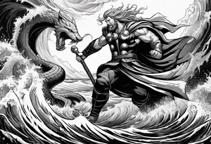 Thor fighting the world serpent in the ocean in a typhoon tattoo idea