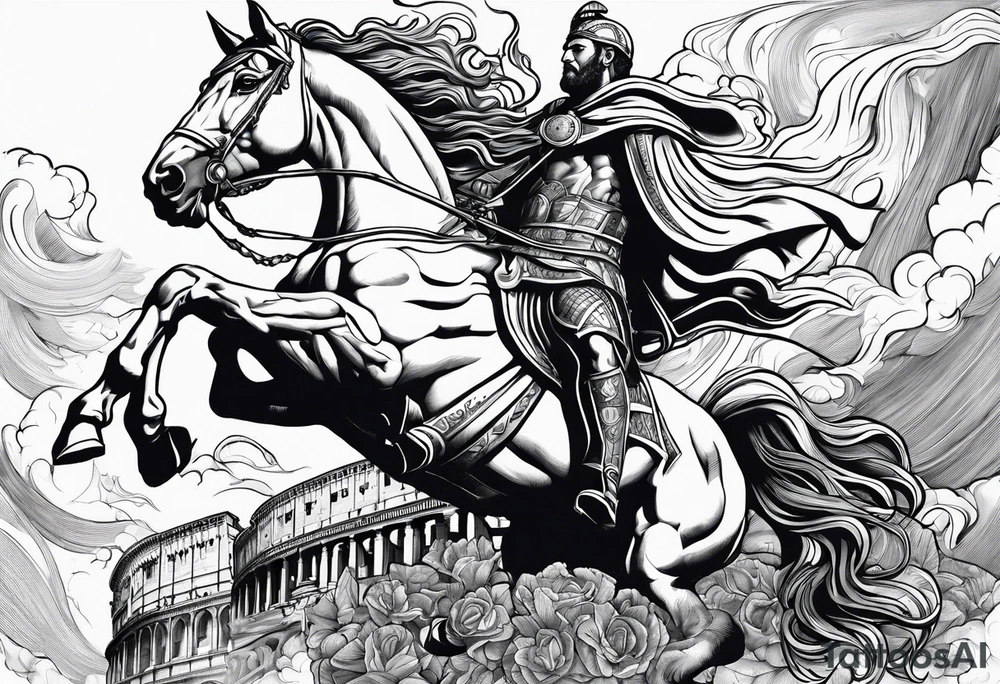 rome, fight, freedom, gods, mytology, fire, hourses, clouds, tattoo idea