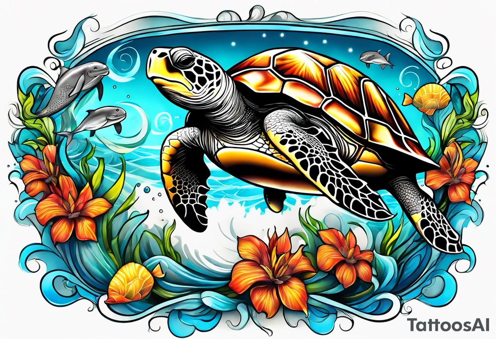 Turtle and manatee and dolphin tattoo idea