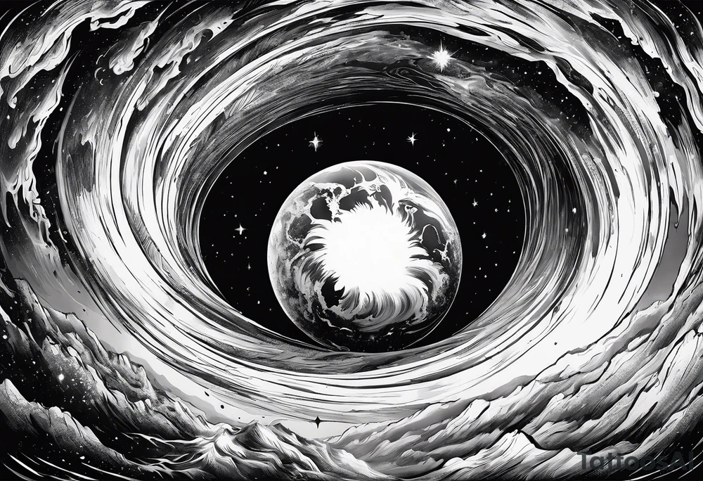 Large black hole swallowing earth. Earth is stretched and deformed as it enters the hole tattoo idea