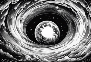 Large black hole swallowing earth. Earth is stretched and deformed as it enters the hole tattoo idea