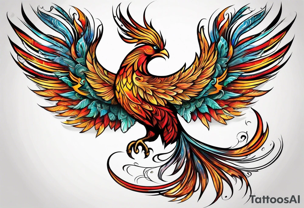 russian firebird phoenix in-flight with very long fancy tail tattoo idea