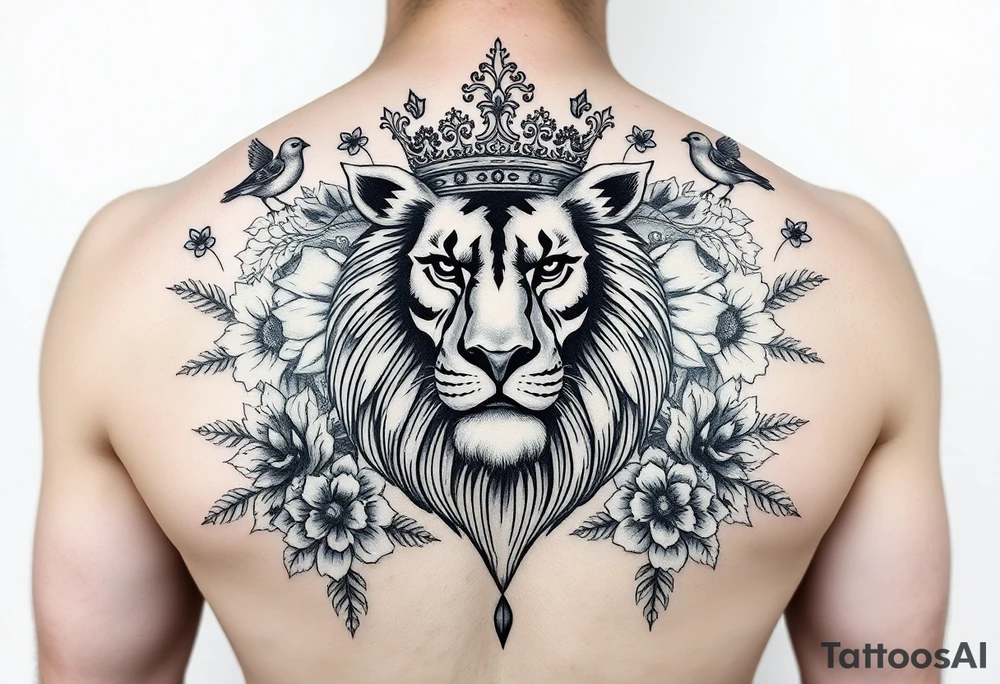 powerful majestic lion with a crown, surrounded by floral ornaments and birds tattoo idea