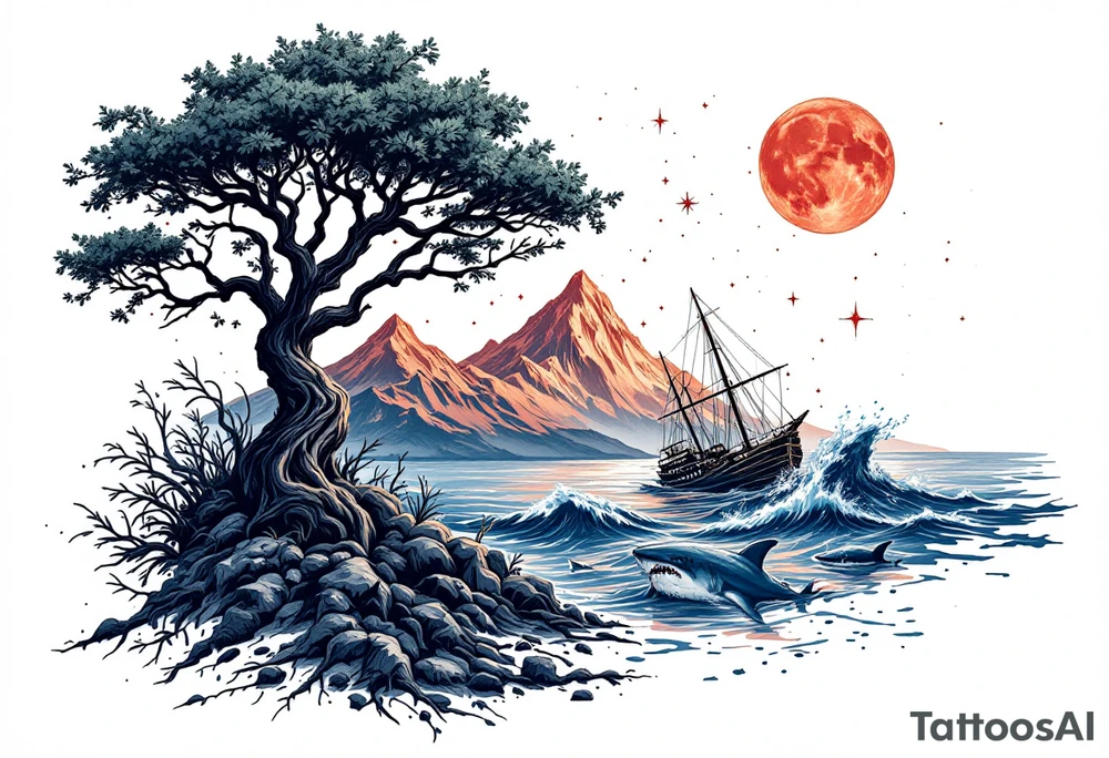 tattoo that has an acacia tree with mountains, ocean with a ship wreck with sharks and the northern star tattoo idea
