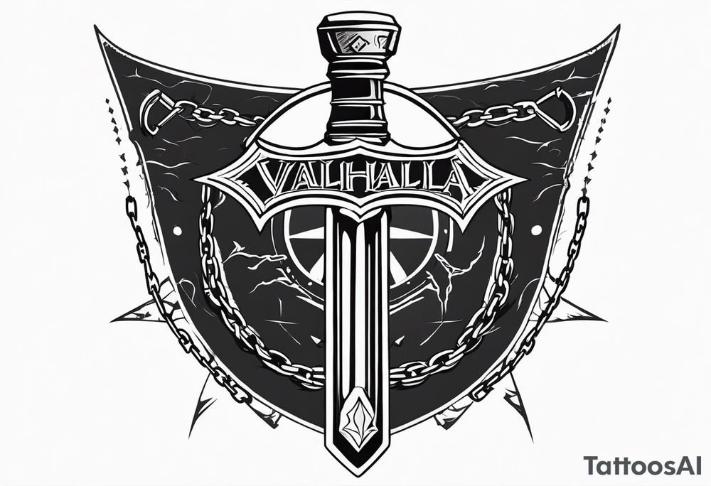 Valhalla sword round
shield axe barbed wire chains dark cloud lightning tattoo idea