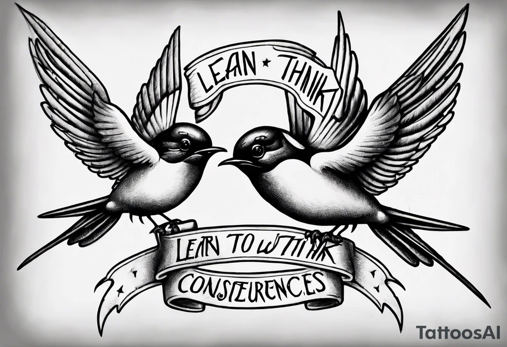 One Sketch of two swallows holding the inscription "learn to think, without consequences" in the traditional tattoo style tattoo idea