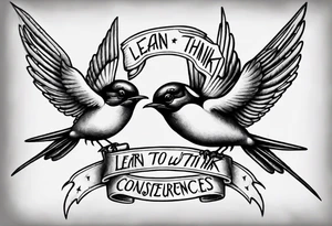 One Sketch of two swallows holding the inscription "learn to think, without consequences" in the traditional tattoo style tattoo idea
