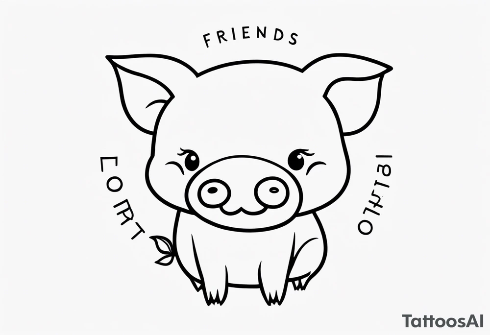 cute pig or piglet.
with text: "friends not food"
only very thin lines. no shading. black and white only tattoo idea