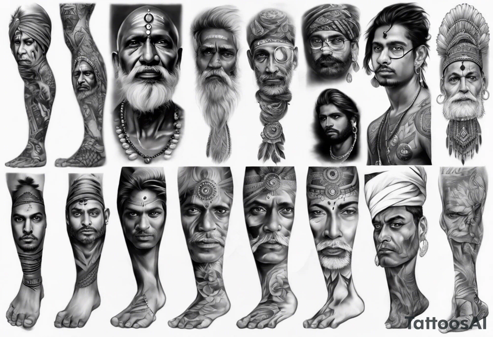 indian man face realistic leg sleeve tattoo idea