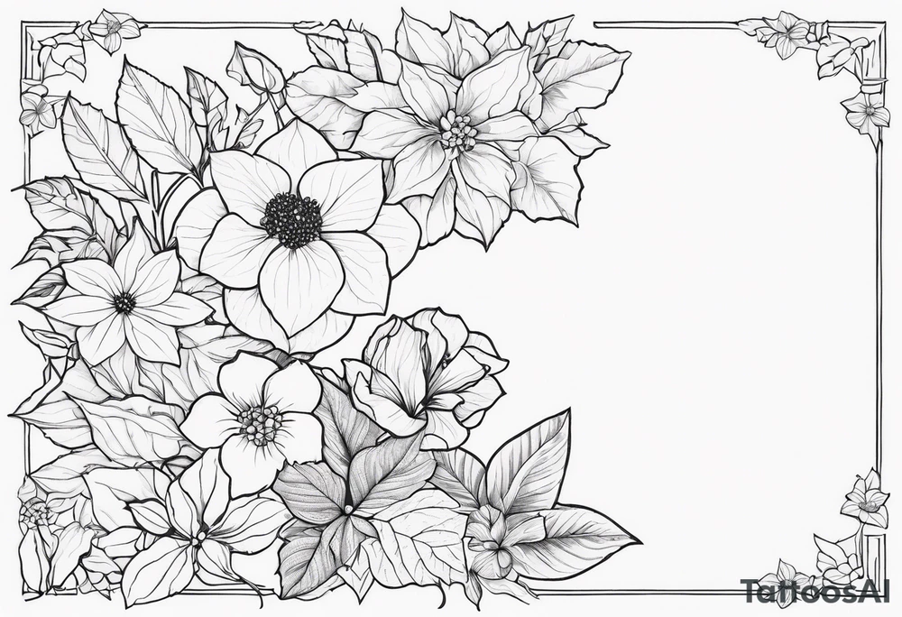 Hydrangea, Narcissus, Poinsettia, Holly, Gladiolus, Poppy, Daisy, Sweet Pea floral tattoo idea