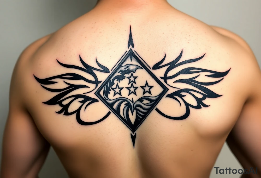 A sharp edged powerful wave with 2 stars inside of a elongated diamond tattoo idea