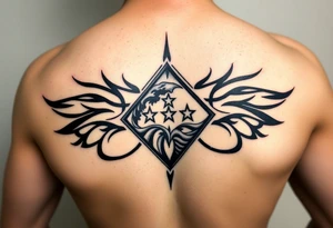 A sharp edged powerful wave with 2 stars inside of a elongated diamond tattoo idea