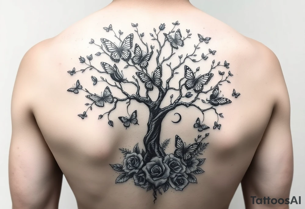a poisoned tree with butterflies and roses around it and a semicolon somewhere in there make it a leg sleeve tattoo idea