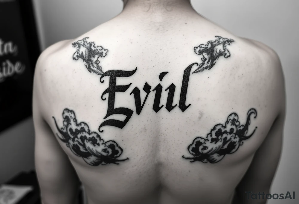 Tattoo saying Evil Side. black and white . Gangsta shaded outside letters smoke clouds shading tattoo idea