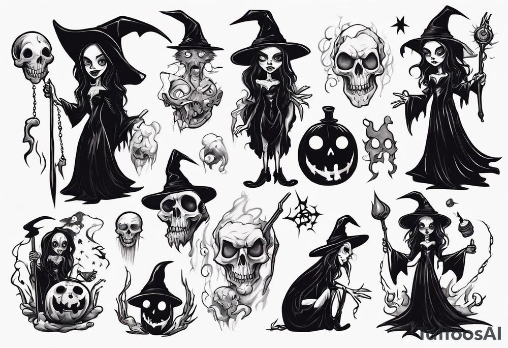 a Tim Burton-style witch necromancer tattoo idea