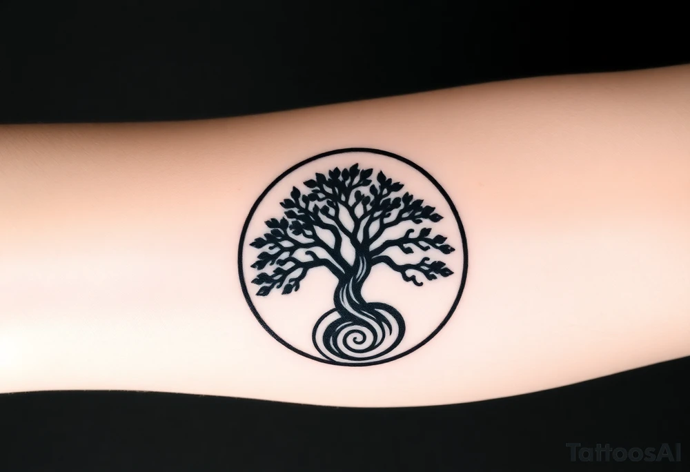 Tree encircled in a spiral circle coming from the center of the tree tattoo idea