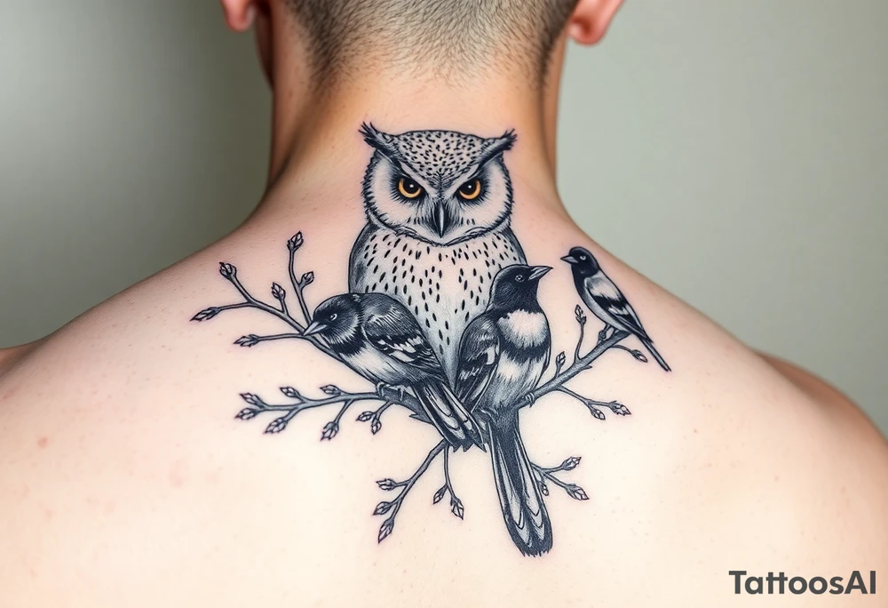 A barn owl and 2 magpies, entwined by rowan tree branches. In fineline and dotwork tattoo idea