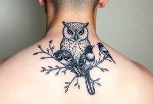 A barn owl and 2 magpies, entwined by rowan tree branches. In fineline and dotwork tattoo idea