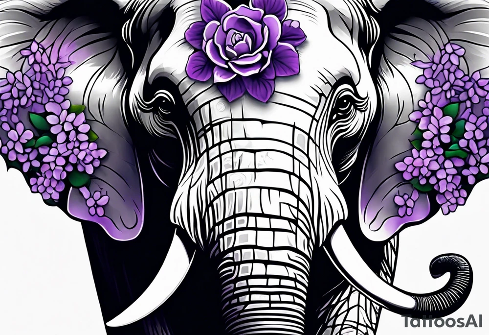 Elephant face half covered with lilacs tattoo idea