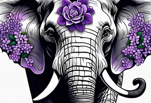 Elephant face half covered with lilacs tattoo idea