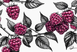 a long raspberry branch that focuses on line work. Includes a small signature in the branches that says "Popkin" tattoo idea