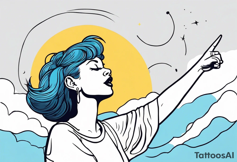 Silly. odd woman ugly dancing pointing her fingers up in the sky tattoo idea
