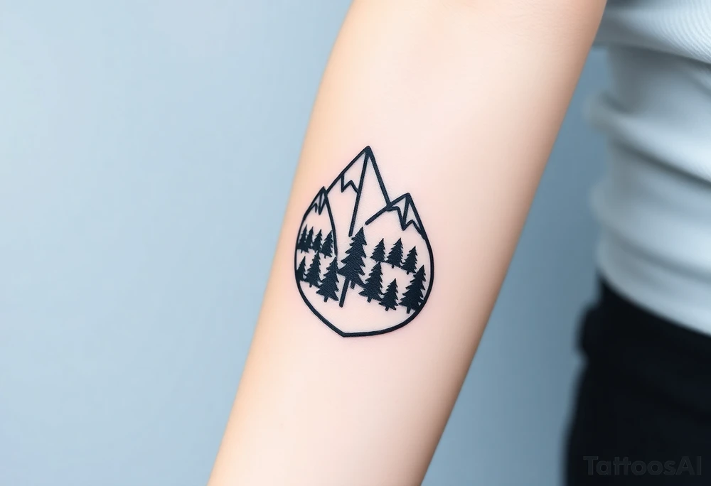 Mountains and a forest inside a paw print silhouette, with a smooth transition between nature and the Paw Patrol emblem. tattoo idea