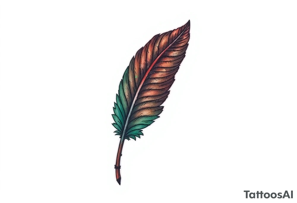 A deep forest green and brown feather, detailed with intricate natural veins, with the word "Balance", symbolizing harmony between two souls tattoo idea