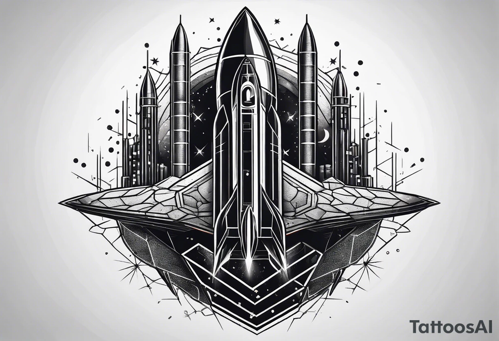 rocket hexagon heart black background tattoo idea