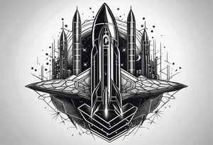 rocket hexagon heart black background tattoo idea