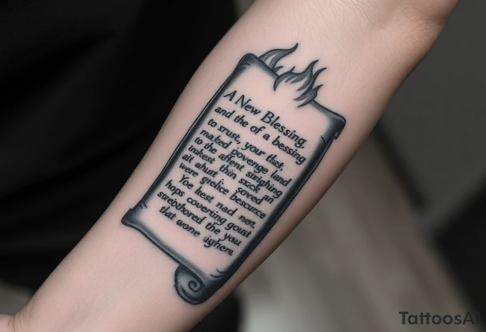 A large burning scroll of a bible scripture about new blessing and lost of a love one tattoo idea