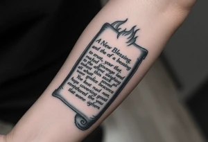 A large burning scroll of a bible scripture about new blessing and lost of a love one tattoo idea