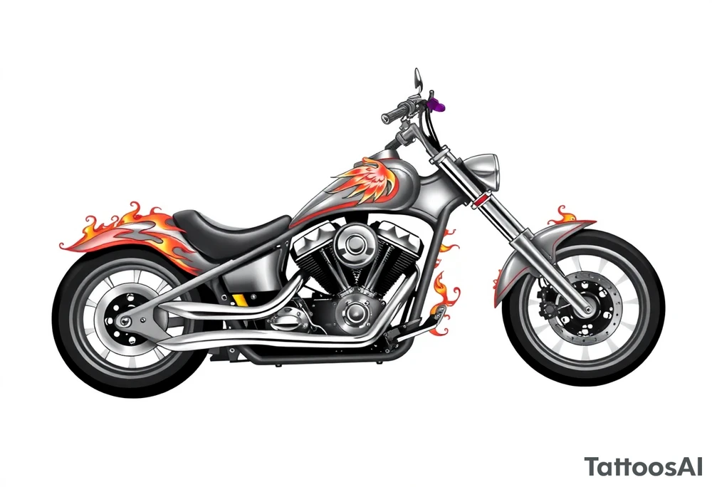 Low rider grey motorcycle, flames, angel wings tattoo idea