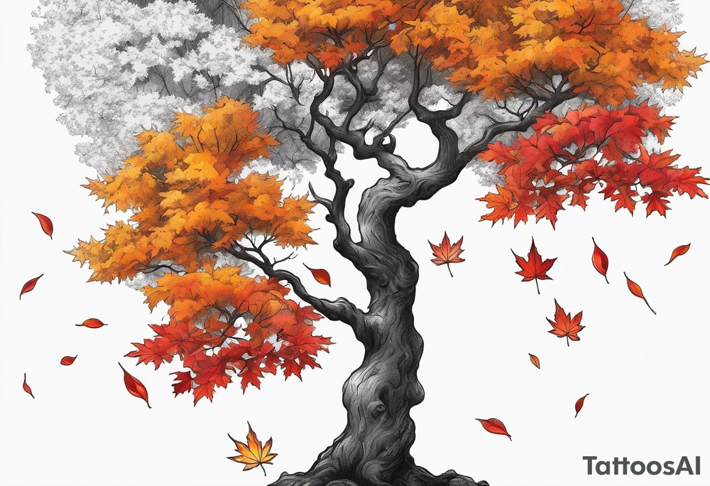 Full arm sleeve. Hikae. A maple tree with red autumn leaves that branches upwards. White-throated dipper bird on the trees branches. Calluna flowers at the base of the trees stem. Tree stem has dark colors. Red/yellow sunset behind the trees stem. Leaves falling. tattoo idea