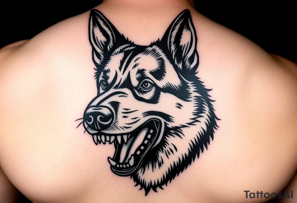 German Shepherd snarling with mouth open and barred teeth. tattoo idea