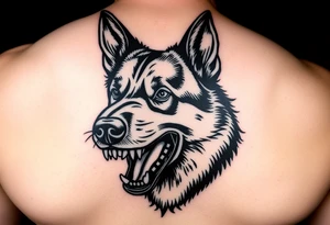 German Shepherd snarling with mouth open and barred teeth. tattoo idea