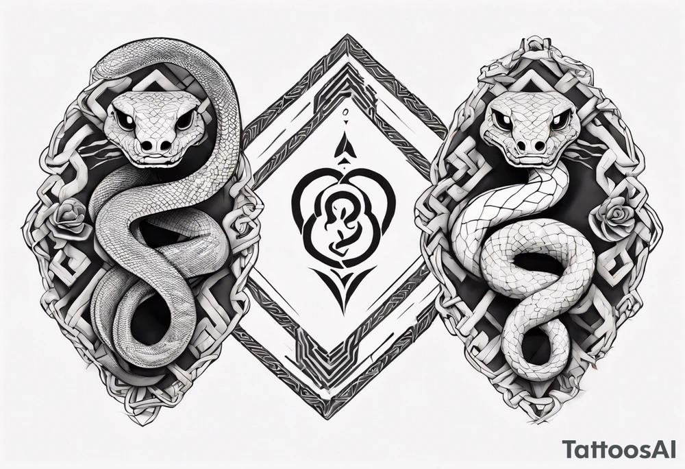 two snakes around a Buddhist amulet that represents strength, protection, and love tattoo idea