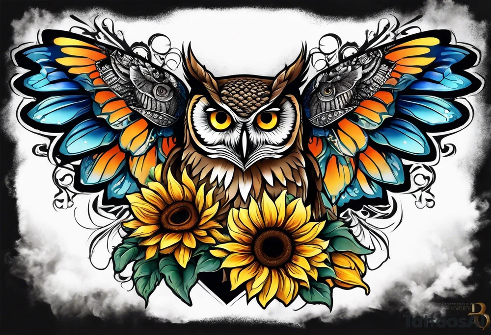 Arm sleeve with an owl surrounded by sunflowers with a butterfly on the sunflower tattoo idea