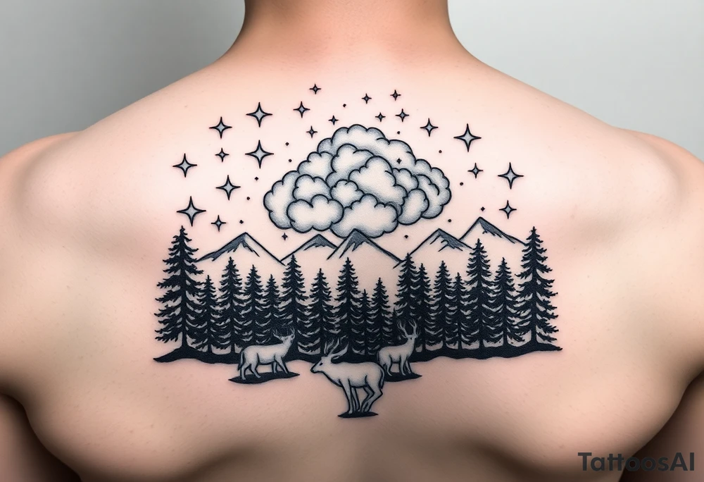 stars in the cloud with a stormy view with a forrest with animals tattoo idea