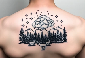 stars in the cloud with a stormy view with a forrest with animals tattoo idea