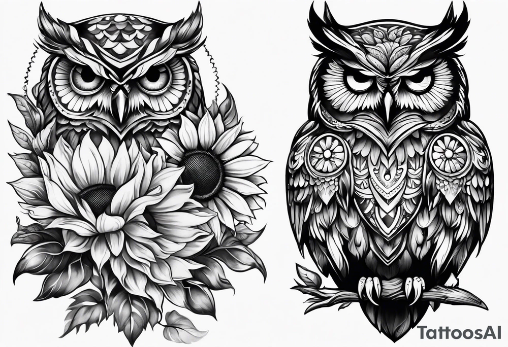Owl and sunflower sleeve tattoo idea