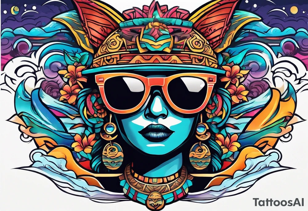 Colorful Mayan hieroglyph wearing sunglasses with ocean waves and bats tattoo idea