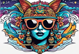 Colorful Mayan hieroglyph wearing sunglasses with ocean waves and bats tattoo idea