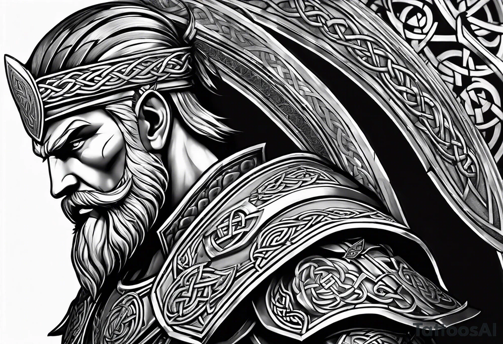Full body side profile of Celtic warrior with weapons unsheathed tattoo idea