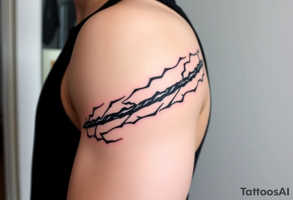 I want a tattoo inspired by the character Izuku midorya from my hero academia. I want his black whip and lighting across my bicep, shoulder and leading slightly to my traps. I want it to be sharp. Not lacking or cringy. Sharp. I don’t want the character or the characters arm. I want the black whip and lighting. tattoo idea
