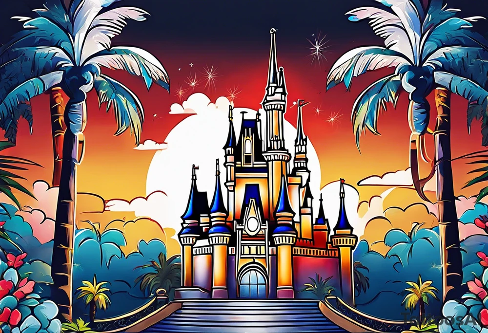 disney castle with a lightning storm palm trees and a mickey mouse tattoo idea