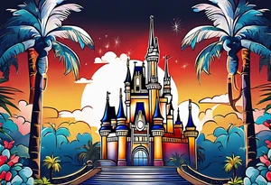disney castle with a lightning storm palm trees and a mickey mouse tattoo idea